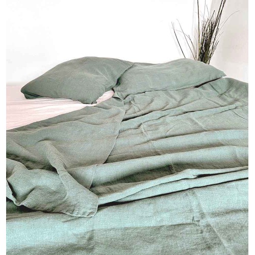 Ленен двоен спален комплект "ЗЕЛЕНА МАСЛИНА" 100% омекотен естествен лен /2 плика за завивка/